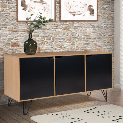 Image de Buffet bas vintage NOEMI 3 portes bois pied épingle 113 cm