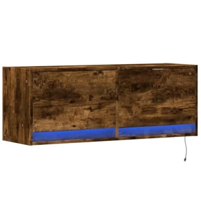 Image de vidaXL Meuble TV mural avec lumières LED chêne fumé 100x31x35 cm852366