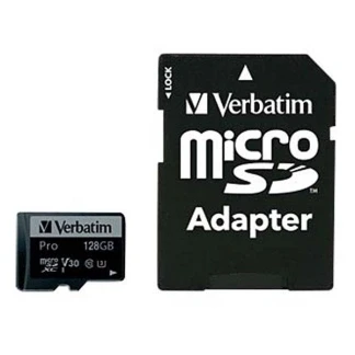 Afbeelding van Verbatim microSDXC kaart 128 GB, PRO, U3, UHS 3, 4K UHD 90 MB/s, (W) 45 SD adapter, blisterverpakking