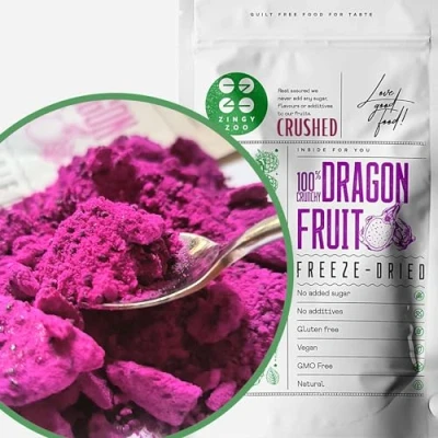 Image de Fruit du Dragon broyé, fruits secs, lyophilisés, XL 300 g en poudre de pitaya rose séché, avec morceaux tranches tranchées Freeze Dried Crushed ZingyZoo