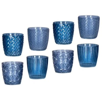 Afbeelding van Set van 8 theelichthouders glas, blauw, hoogte 7,5 cm, tafeldecoratie