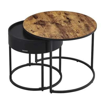 Afbeelding van VASAGLE LCT044K01 Set van 2 ronde salontafels in moderne stijl, verborgen opbergruimte en bovenste plank, voor woonkamer, slaapkamer, balkon, rustiek bruin inktzwart