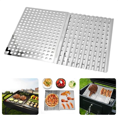 Afbeelding van Cheqo® 2 Stuks Barbecue RVS Grillplaten Grillrooster Hapjesrooster 30x23cm Vetdruipende Gleufjes Ideaal voor Vlees, Groenten, Vis Bakplaat BBQ Grillplaat
