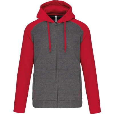 Afbeelding van PROACT Fleece met rits en tweekleurige capuchon unisex PA380 Grey Heather / Sporty Red