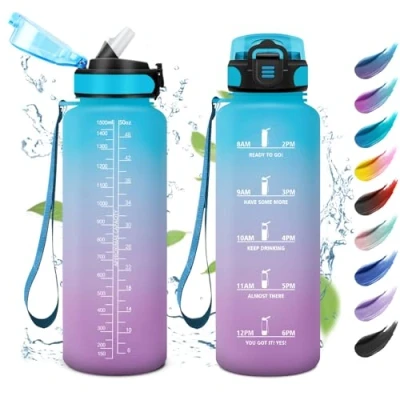 Afbeelding van 1,5 liter sportfles, gemakkelijk te openen, herbruikbare fles, sportfles met rietje, tijdweergave, werkfles, wandelen, yoga