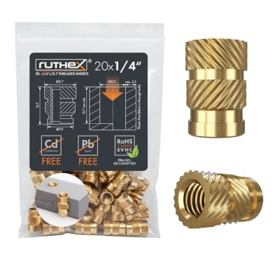 Afbeelding van ruthex Schroefdraadinzet 1/4 inch 20 stuks RX schroefdraadbussen x 12,7 messing stabiele inpersmoeren door warmte in 3D printdelen van kunststof te gebruiken (cameraschroefdraad)
