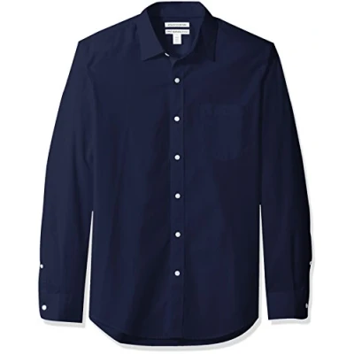 Image de Amazon Essentials Chemise en popeline à manches longues pour hommes, coupe ajustée, bleu marine,