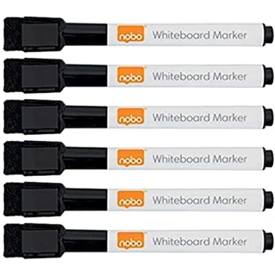 Image de Nobo, Mini marqueurs effaçables à sec pour tableau blanc, pointe fine, Noir, pack de 6, 2104184