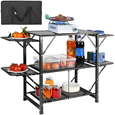 Afbeelding van VEVOR Campingkeuken, 126 x 46 81 cm, campingtafel, opvouwbaar, aluminium frame met 4 bijzettafels, keukenmeubels draagtas, eenvoudige installatie voor barbecue, picknick, tuin