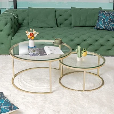 Afbeelding van HJhomeheart Set van 2 ronde bijzettafels, salontafel, groot: 80 x 45 cm; klein: 60 35 cm, goud en glas
