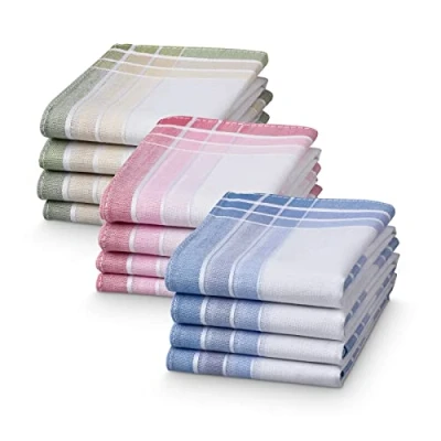 Afbeelding van JEMIDI dames en herenzakdoeken 100% katoen 28,5 x cm Combinatie van wit met groen, roze of blauw Set 12 Herbruikbare zakdoeken
