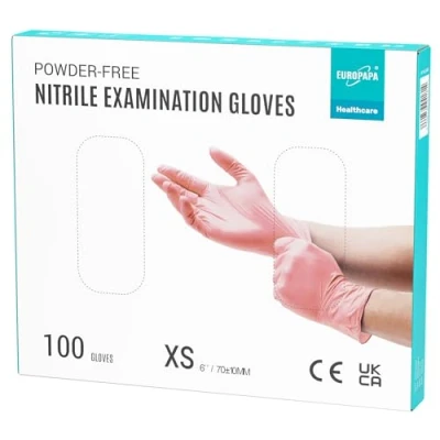 Afbeelding van EUROPAPA® Nitril handschoenen, doos met 100x wegwerphandschoenen, onderzoekshandschoenen, zonder poeder, latex, niet steriel, roze