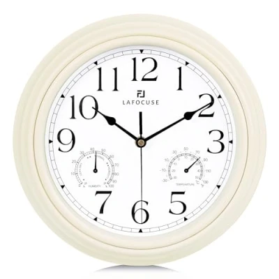 Afbeelding van Lafocuse Wandklok met thermometer en hygrometer, vintage, wandklok, kwarts, wit, stil, voor woonkamer, keuken, 30 cm