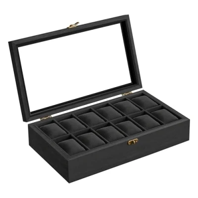 Afbeelding van SONGMICS Horlogedoos met 12 sleuven, horlogekast, massief houten opbergdoos glazen deksel, presentatiedoos uitneembare kussens, cadeau idee, zwarte inkt