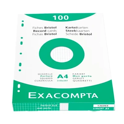 Image de Bristol Exacompta 210x297mm 205g quadrillé perforé Etui de 100 fiches Blanc