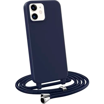 Afbeelding van MyGadget Beschermhoes met koord voor Apple iPhone 12 Mini Bumperhoes van siliconen, mat, effen, halsketting, schokbestendig, huid en koord, donkerblauw