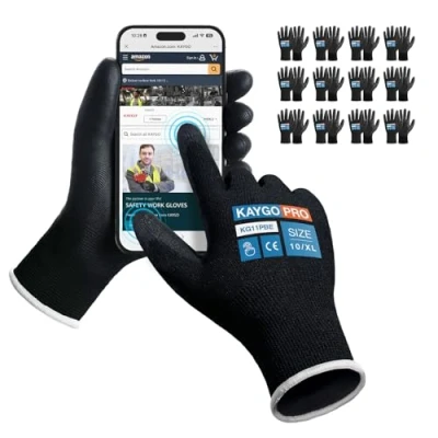 Afbeelding van KAYGO 12 paar werkhandschoenen met PU coating voor touchscreen, antislip handgreep op handpalmen en vingers, geschikt knutselen, algemeen werk,