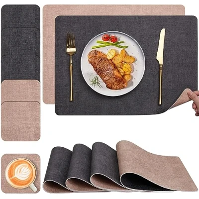 Afbeelding van Myir JUN Placemats en onderzetters, dubbelzijdig wasbare placemats, tweekleurig, leer, antislip, gemakkelijk te reinigen, placemat, set van 6