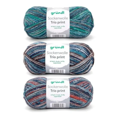 Afbeelding van Gründl Trio Sokkenwol, 3 x 100 g (75% scheerwol (Superwash), 25% polyamide) + handleiding (mogelijk niet beschikbaar in het Nederlands), koperblauw