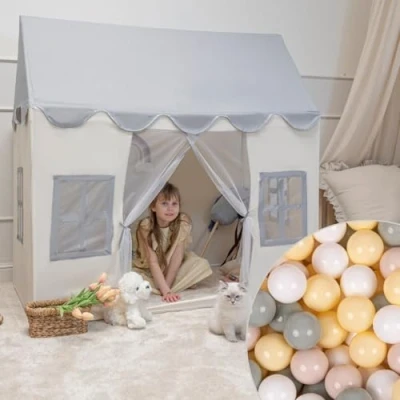 Afbeelding van KiddyMoon Kindertent Speelhuisje Met 200 Ballen Opvouwbaar Voor Kinder Speeltent Duurzaam Materiaal Stimuleert Creativiteit Ideaal Binnen En Buiten, Wit Grijs:Donker Turquoise/Pastel Beige/Groen Grijs/Zalm Kleur
