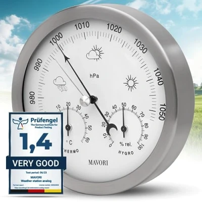 Afbeelding van MAVORI® Analoog weerstation voor binnen en buiten met roestvrijstalen frame in modern design, bestaande uit barometer, hygrometer thermometer