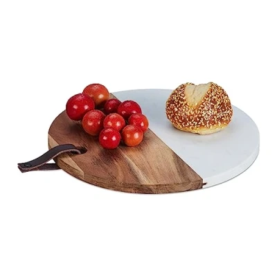 Afbeelding van Relaxdays ronde snijplank acaciahout marmeren serveerplank keukenplank broodplank