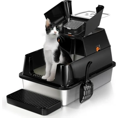 Afbeelding van kattenbak van roestvrij staal met rand, 180 graden klapdeksel, metalen voor middelgrote en grote katten, gemakkelijk te reinigen, geurbestrijding, zwart
