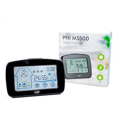 Afbeelding van PNI MS500 weerstation met draadloze externe sensor, geeft de temperatuur en vochtigheid binnen buiten aan, geheugen van minimale maximale klimaatwaarden