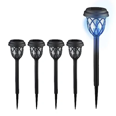 Afbeelding van Relaxdays solar tuinlampen tuinlantaarns met grondpen 42 cm tuinverlichting zwart Pak van 5
