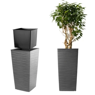 Afbeelding van KADAX bloempot, plantenpot, met kunststof binnenpot, voor binnen en buiten, tuin, balkon, terras, huis, weerbestendig, imitatie rotan, 75,5 cm hoog, grafiet