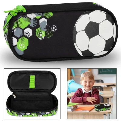 Afbeelding van Zwart groen, compartiment etui, school, zakje, voetbal, voor jongen 5x22x10cm