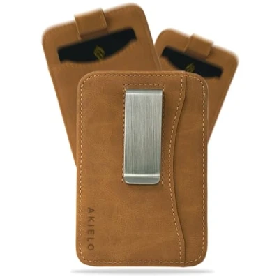 Afbeelding van AKIELO RFID blokkerende kaarthouder met geschenkdoos, compacte en dunne kaarthouder, minimalistische herenportemonnee (Charlie collectie), 06 stuks. Lichtbruine editie geldclip, Minimalistisch