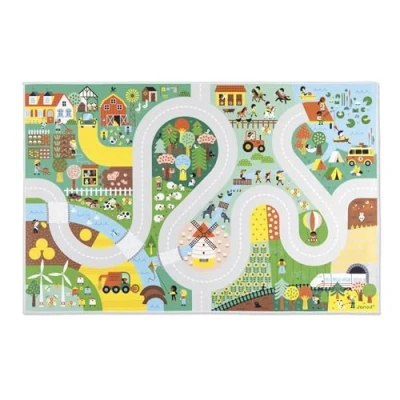 Image de Janod Tapis Voiture Enfant Thème Campagne Doux &amp; Anti dérapant Motif Ferme Forêt de Jeux Chambre Fille Garçon 120 x 78cm Lavable à la Main A partir 2 Ans J05930