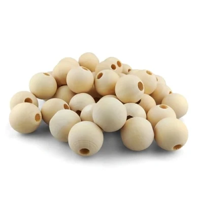 Afbeelding van Netuno houten ballen met gat van 22 mm, set 40 stuks, natuurlijk, rond, voor knutselen, kralen groot om te rijgen, knutselkralen