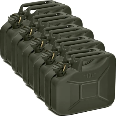 Afbeelding van BW® Brandstofjerrycan van metaal, 5 stuks, 10 liter, bronsgroen, RAL 6031 F9, TÜV getest en VN goedkeuring, Made in Europe