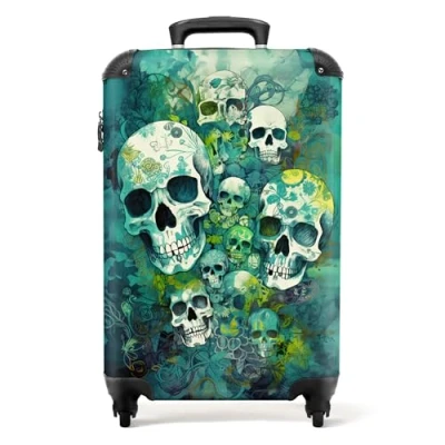 Afbeelding van NoBoringSuitcases.com® Rolkoffer, bagage voor dames en heren, cabinekoffers ruimbagage, Turquoise Bloemen Schedel, Koffer