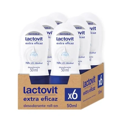 Afbeelding van Lactovit Extra effectieve deodorant Invisible Men tegen vlekken, 0% alcohol, anti irritatie en werkzaamheid 48 uur, roll on met calciumeiwitten 6 x 50 ml
