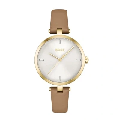 Afbeelding van BOSS Analoog kwartshorloge voor dames met camelkleurige leren band 1502652, Zilver/Wit, Riem