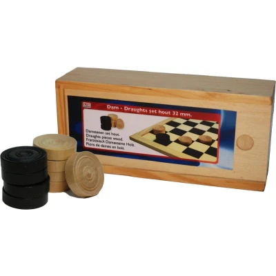 Afbeelding van Damschijven 32 mm.in blank/zwart in houten kist