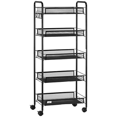 Afbeelding van HOMCOM Opbergwagen op wielen met 5 afneembare stalen manden, afmetingen: 45 x 26,5 106 cm, voor keuken, badkamer, kantoor