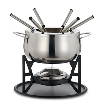 Afbeelding van 10 delige premium roestvrijstalen fondue voor 6 personen, elegant Zilver, chocolade, kaas, vlees, stevig en chique, geschenkset Valentijnsdag, verjaardag, verjaardag