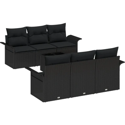 Afbeelding van vidaXL 7 delige Tuinsofa Set met Kussens Zwart Poly Rattan, 2 Zits Opslag &amp; Rattan