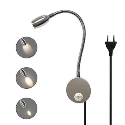 Afbeelding van Leeslamp voor bed, verstelbare focus, flexibele zwanenhals, led wandlamp met stekker en schakelaar, 3 W, aluminium, slaapkamer, 3000 K