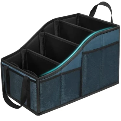 Afbeelding van YOHOOLYO Auto organizer voor kinderen met 4 vakken en bekerhouders, opvouwbaar, passagiersstoel, snacks, speelgoed, boeken, blauw