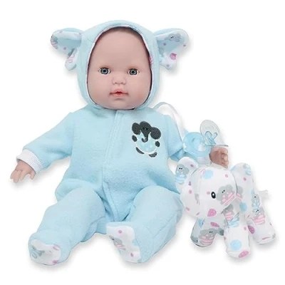 Afbeelding van JC TOYS Berenguer Boutique pop, 38 cm, zacht lichaam, de ogen kunnen worden geopend en gesloten, inclusief kleding een pluchen olifant, blauw, ontworpen door Berenguer, +2 jaar