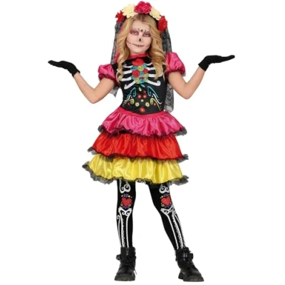 Afbeelding van FIESTAS GUIRCA Kleurrijk Halloween kostuum voor kinderen, skeletjurk, Día de Los Muertos, meisjes, 10 12 jaar