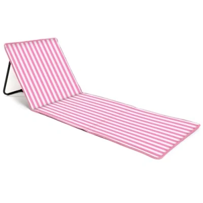 Afbeelding van Opvouwbare strandmat ligstoel verstelbare rugleuning makkelijk draagbaar lichtgewicht opbergvak met rits (roze/wit gestreept)