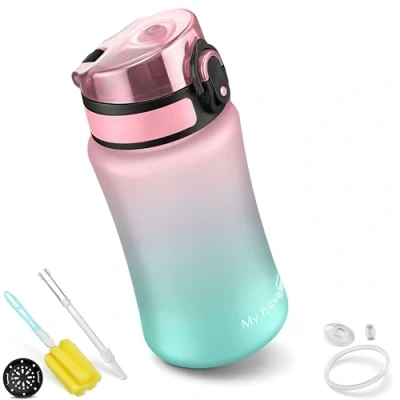 Afbeelding van My Vesperbox Minny Drinkfles voor kinderen, lekvrij, met rietje of zeef, 350 ml, 500 lichte Tritan waterfles, BPA vrij, kleuterschool, school (roze/turquoise, ml)