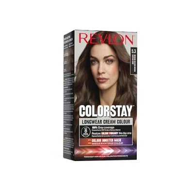 Image de Revlon ColorStay Coloration Permanente cheveux Longue Tenue Couvre 100% des blancs Jusqu’à 8 semaines Huile de Macadamia et Beurre Murumuru N5.3 Châtain Doré