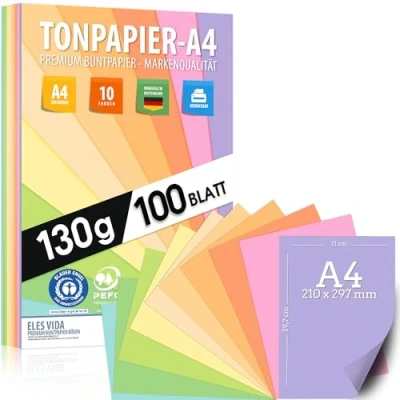 Afbeelding van 100 vellen pasteltekenpapier, DIN A4, 130 g, 10 kleuren, stevig papier, kleurrijke bladeren voor school, kinderen en knutselen, pastelkleuren, blauwe engel gecertificeerd